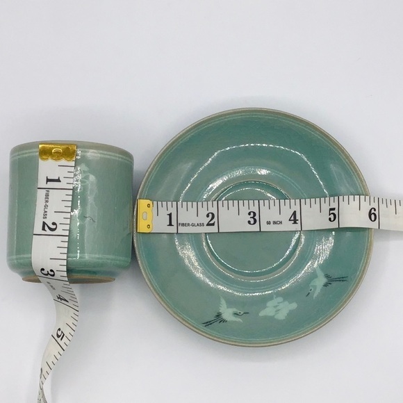 VINTAGE Celedon Tea Set Cup and Sugar Bowl Asian Flying Crane Crackle Glaze Blue - Picture 11 of 11